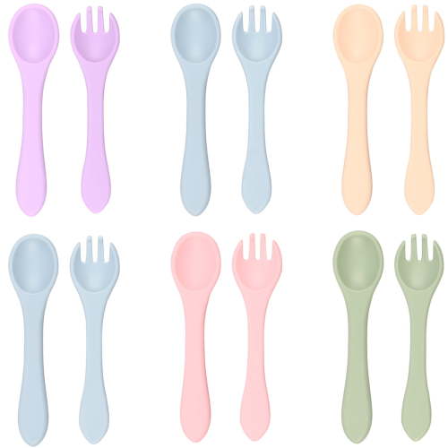 Austok 12 Pieces Toddler Utensils, Kids Silverware Set, Baby Feeding Spoon and Fork Set, Silicone Baby Utensil Set with Anti-slip Handle for Baby Toddler, Multicolor, 6+ Months