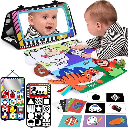 Tummy Time Mirror Baby Toys 0-12 Months, Soft Crinkle Tails Cloth Book & 20 Pcs Flash Cards, High Contrast Black and White Infant Toys, Sensory Toy for Newborn, 0-6 Months Boys Girls Shower Gift