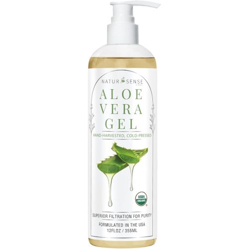 NaturSense USDA Organic Aloe Vera Gel from 100% Pure Aloe. Same Gentle Aloe, Pink/Amber Color is Natural. Great for Hair, Scalp, Face, Dry Skin, Acne, Sunburn, Sensitive Skin. Unscented, 12 oz.