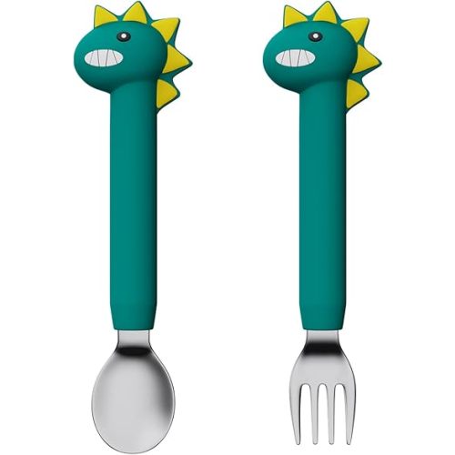 Baby Forks and Spoons Set Baby Training Utensils Self Feeding Toddler Silverware Silicone and Stainless Steel Kids and Toddler Utensil (Green Dinosaur - Long)