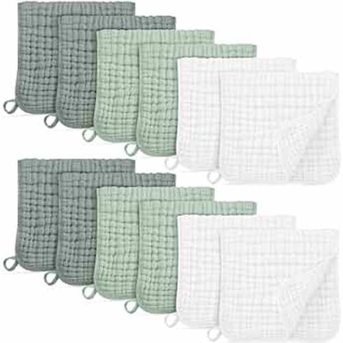 Muslin Burp Cloths for Baby 100% Cotton Burping Cloths for Boys Girls Large 20''X10'' Extra Soft and Absorbent 12 Pack - White and Green