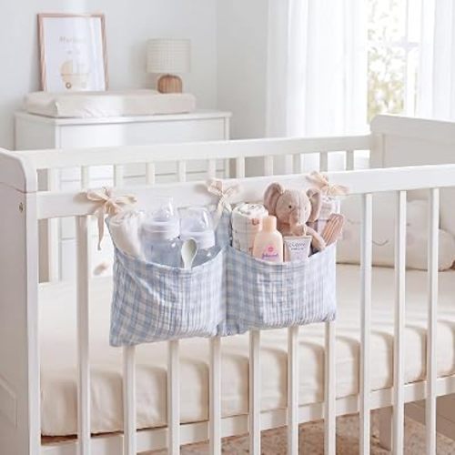 Gingham Organizer Hanging Cotton Crib Storage Bag For Baby (Blue)(Blue)