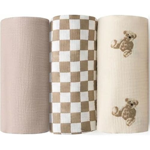 Little Jump Muslin Swaddle Blanket Baby - 47" x 47" Large Cotton Swaddling Blanket Soft Baby Receiving Blanket Neutral 3 Pack (Coffee Checkered & Khaki & Teddy Bear)