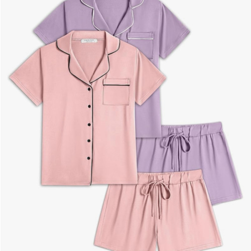 Ekouaer 2 Pack Womens Pajamas Set Button Down Summer Sleepwear Short Sleeve Comfy Pjs Loungewear Set
