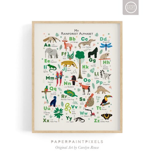 Rainforest Alphabet Art Print, Tropical Jungle Animal Nursery Wall Art, Kids Room Decor, Perfect First Birthday Gift
