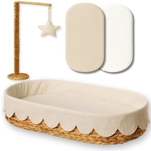 Premium Baby Changing Basket - Scalloped Changing Basket for Baby Dresser - Handwoven Wicker Moses Baskets for Newborn with Waterproof Changing pad & Linen Cover - Moses Basket Bassinet