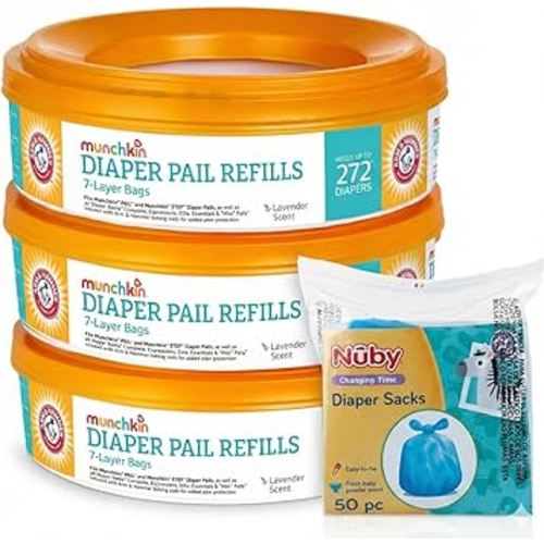 3 Munchkin A&H Diaper Pail Refill Rings, (7-Layer Bags, Each Holds Up to 272 Diapers) + Nuby Diaper Sacks, 50-Count | Lavender Scent Refills + Easy-Tie Disposable Bags Bundle