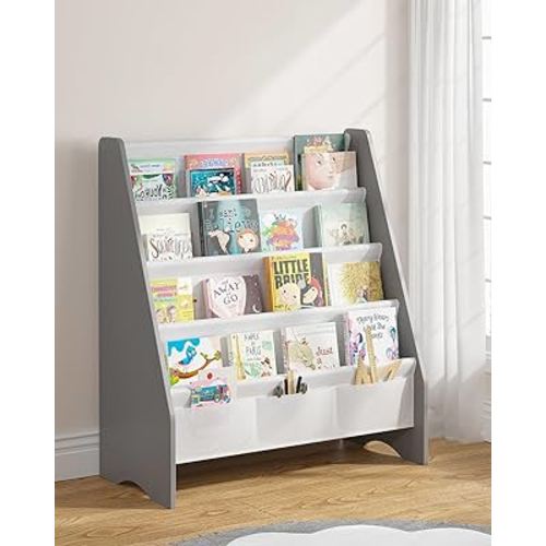 SEIRIONE Sturdy Kids Bookshelf for Kids Rooms, Eco-Safe Toddler Bookshelf with Tear-Proof Oxford Sling,Children's Bookshelf with Ideal Height for Quick Book Access, Grey