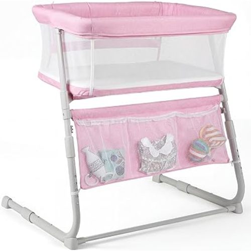 Cowiewie Bassinet Bedside Sleeper,Baby Bassinet Slides Over Bed,5-Position Height Adjustment & Breathable All-Mesh Wall Bedside Bassinet for Baby,Space-Saving Bedside Crib, Height(37.4-41.3") (Pink)