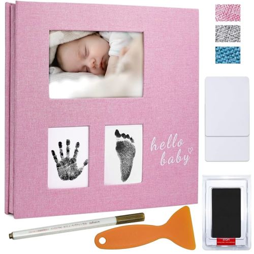 Vienrose Baby Photo Album Self Adhesive Memory Book 4x6 Magnetic Scrapbook Kit with Clean-Touch Ink Pad Handprint Footprint and A Metallic Pen for Boy/Girl 3 Windows 40 Pages