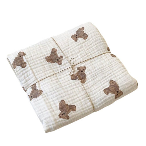 Baby 2 Layers Gauze Swaddle Wrap Muslin Blanket Bear Print Air Conditioned Quilt