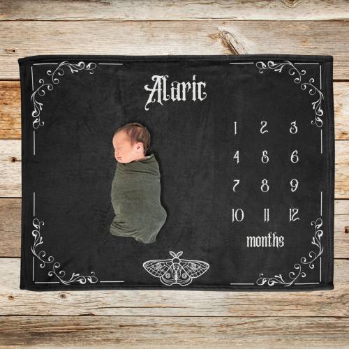 Baby First Days Goth Milestone Blanket, Alternative Baby Personalized Age Blanket, Gothic Baby Blanket Newborn Photo Prop Expecting Mom Gift