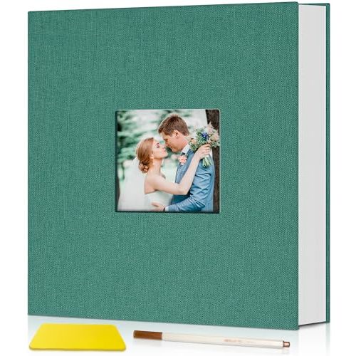 Popotop Photo Album Self Adhesive with Picture Display Window,60 Pages DIY Scrapbook Album for 4x6 8x10 Picture,Linen Cover Memory Book for Baby Wedding, with Scraper and Metallic Pen