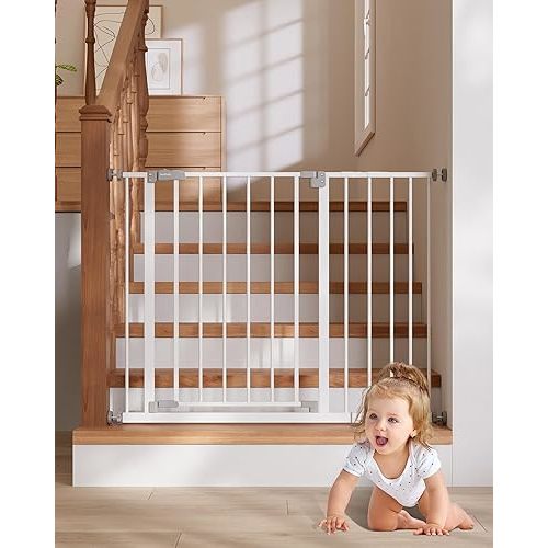 InnoTruth 28.9-42.1" Baby Gate for Stairs & Doorways, 30" Tall, Extra-Wide Dog Gate with 2-Way Swing, Easy Walk-Through & Dual Lock, Pressure Mount Child Safety Gate for Indoor Use – White