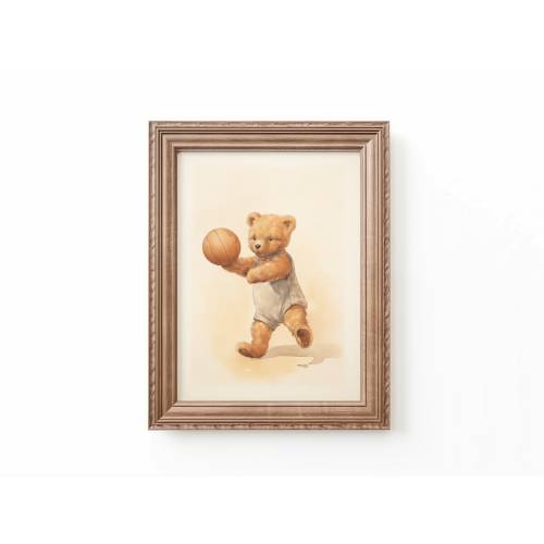 Teddy Bear Playing Basketball Art Print Nursery Basketball Decor Kids Room Sports Art Basketball Nursery Teddy Bear Art Kids Bespoke Littles