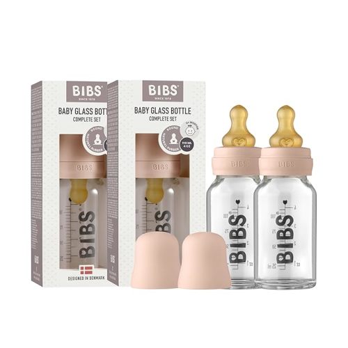 Bibs Baby Glass Bottle | Anti-Colic Borosilicate Glass Bottles | Natural Vented Round Natural Rubber Latex Nipple | Consistent Flow Rate | 3.7 oz/110 ml | 2 Pack | Blush