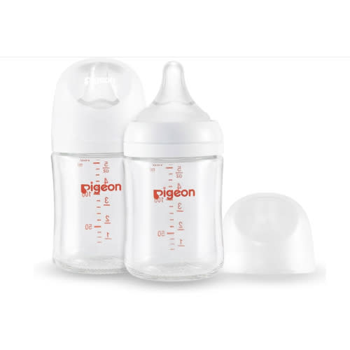 Pigeon Glass Nursing Bottle Wide Neck, Anti-Colic, Streamlined Body, Natural Feel, Easy to Clean, Heat-Resistant, 5.4 Oz(Pack of 2), Includes 2pcs SS Nipples (0m+)
