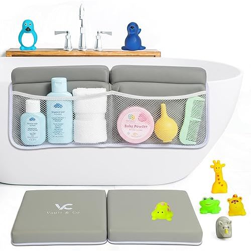 Comfortable Baby Bath Kneeler and Elbow Rest Pad Set – Quick Dry 1.5” Thick Cushioned Kneeling Pad, Non-Slip Double Elbow Rest with Storage Pockets & 5 Bath Toys, Baby Bath Accessories Organizer