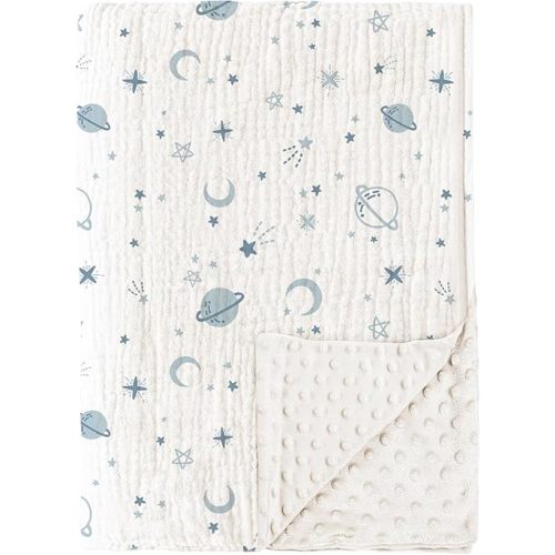 Konssy Baby Blankets for Unisex Boys Girls, Super Soft Nursery Minky Blankets with Muslin Cotton Front and Dotted Fleece Backing, Printed Bed Throws Newborn