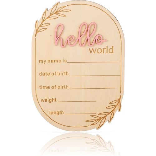 Baby Announcement Sign, 5.91x4.13in Hello World Wooden Newborn Name Sign for Birth Photo Props Baby Shower Hospital Nursery Decor Personalized Birth Keepsake (White)
