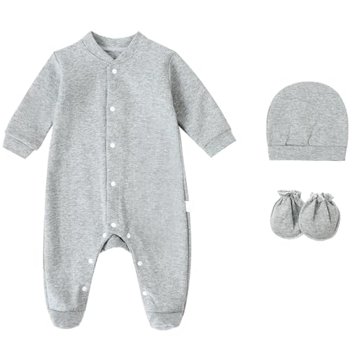 FITFIFTH POD Baby Rompers 0~3 to 3-6 Months 100% Cotton Footies 3PCS Jumpsuit with Solid Hats Mittens Gloves