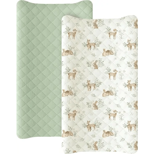 Konssy Waterproof Muslin Changing Pad Cover 2 Pack, Quilted Cotton Fitted Diaper Changing Table Cover, Soft Changing Pad Sheets for Girls Boys (Woodland, Sage)