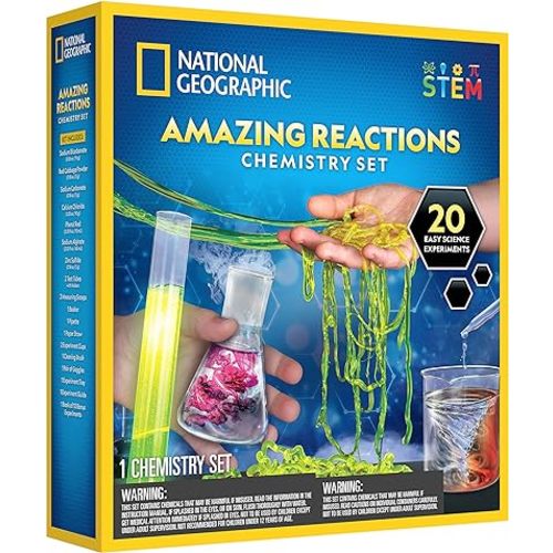NATIONAL GEOGRAPHIC Chemistry Set for Kids - Chemistry Kit with 20 Science Experiments, Make Glowing Worms, Fizzy Solutions and More, Great Chemistry Gift for Girls and Boys