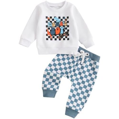 Baby Clothes Boy 3 6 9 12 18 24 Months 2T 3T Fall Winter Outfits Toddler Funny Letter Sweatshirt + Checkered Pants