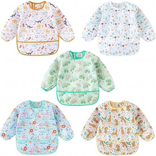 Long Sleeved Bibs, Pack of 5,Lightweight Waterproof Shirt Bibs for Baby Toddler 6-30 Months