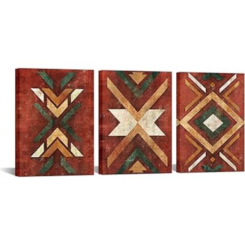 LevvArts Aztec Wall Decor Native American Navajo Tribal Painting Vintage Western Home Decor Southwestern Boho Bedroom Bathroom Living Room Decorations (Red)