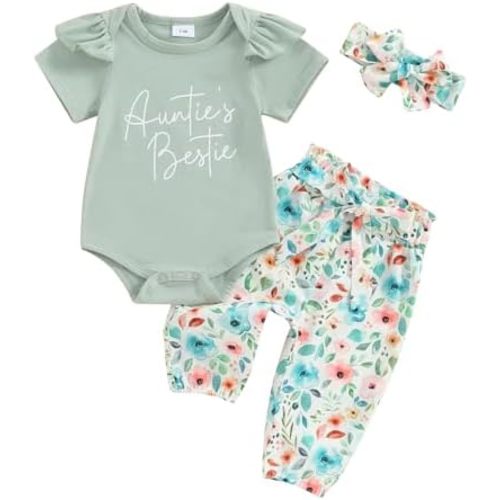 Aunties Bestie Baby Clothes Girl Baby Girl Aunt Saying Letter Romper Shirt Floral Flare Pants Headband 3Pcs Outfit