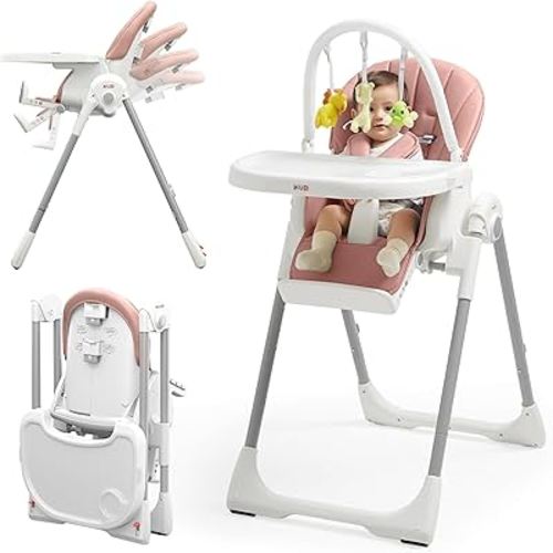 KÜB 3-in-1 Foldable Baby High Chair, 7 Height & 4 Recline Adjustable Seat & Tray for Easy Clean, 2 Locking Wheels, Multifunctional Infant High Chairs for Babies and Toddlers (Pink, with Toys)