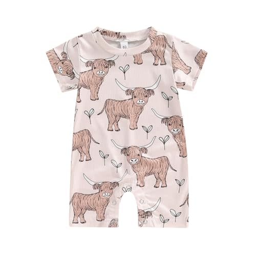 Lesimsam Newborn Baby Boy Girl Western Clothes Cow Print Romper Jumpsuit Short Sleeve One Piece Bodysuit Cute Summer Outfit