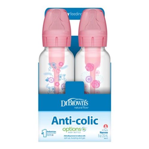 Dr. Brown's Natural Flow Anti-Colic Options+ Narrow Baby Bottle, Pink Floral, 8oz, 0m+, 4 Pack