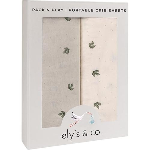 Ely’s & Co. Pack and Play Sheets, for Mini/Portable Crib, 2 Pack Fitted Playpen Play Yard Sheet Set Compatible with Graco Pack n Play, for Baby Boys/Girls, 100% Cotton, Sage Vintage Leaf, 38”x24”x5”