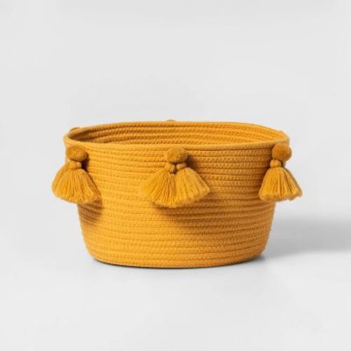 Small Coiled Rope Kids' Basket With Tassels Yellow - Pillowfort™: Toy Storage, Woven Accents, Circular, 13"x13"x7"