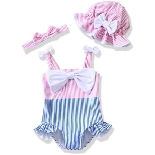 Renotemy Baby Girl Swimsuit Infant Bathing Suit Swimwear Sleeveless Bikini Tankini Toddler Girl One-Piece Swimsuit with Hat