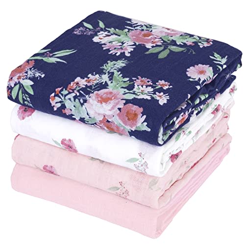 david's kids 4 Pack Baby Muslin Swaddle Blankets,100% Cotton and Ultra Soft Breathable Receiving Blanket Wrap for Girls, New Born Essentials, Large 47 x 47 inches, Floral Flowers/Pink