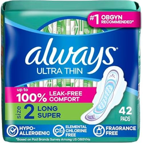 Always Ultra Thin Pads with Wings, Size 2, Long Super, 42 Count