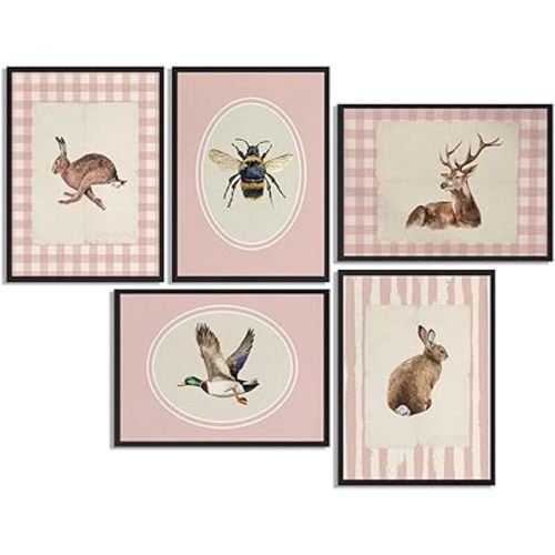 5pcs Vintage Animal Girl Nursery Poster Wall Art Pink Animal Nursery Painting Picture Wall Decor Farmhouse Animals Poster Print Artwork for Living Room Baby Room Children'S Bedroom Home Decoration
