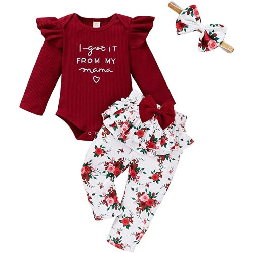 Newborn Baby Girl Clothes,Infant Outfits Long Sleeve Romper Ruffle Trim Bodysuit and Floral Pants Set and Headband for Girls - Deep Red - 3-6 Months