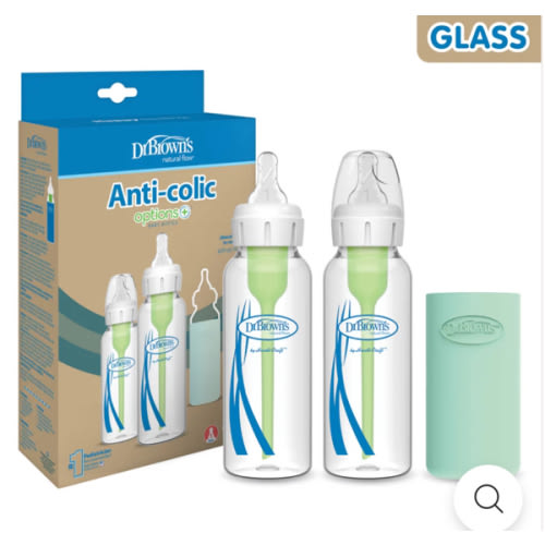 8oz Dr. Brown’s Natural Flow® Anti-Colic Options+™ Narrow Glass Baby Bottle with Silicone Sleeve, 2-Pack