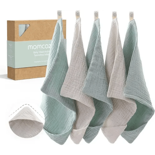 Momcozy Baby Washcloths - 4 Layer Design| Medium Thickness| Soft & Absorbent| Premium Cotton for Newborns' Skin-Great for Bathing, Wiping & on-the-go Use, Shower Gift and Essential(5 Pack, 10x10 inch)