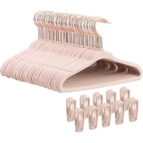 Baby Velvet Hangers 50 Pack - 11 Inch Non Slip Felt Kids Hanger for Infant Clothes - Ultra Thin Baby Felt Hangers for Toddler Kids' Closet with 10 Hanger Clips - Pink