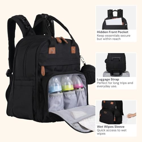 BabbleRoo Extra Large Diaper Bag Backpack, Expandable Baby Bag with Up to 50% More Capacity - Travel Essentials Baby Bag Tote with Changing Pad, Stroller Straps & Pacifier Case - Unisex, Black