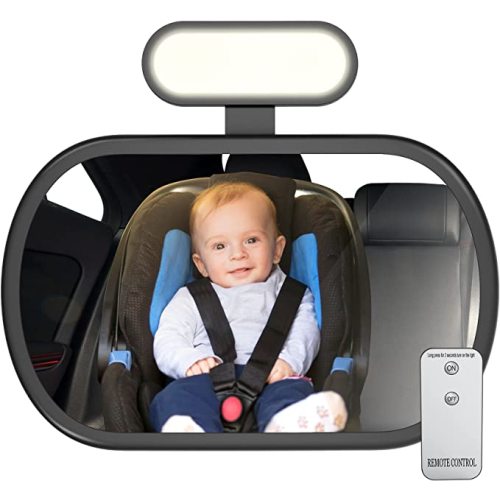 Baby Car Mirror with Night Light, Safety Rear Facing Car Seat Mirror for Infant Newborn, Wide Crystal Clear View 360° Adjustable, Crash Tested & Shatterproof, Soft Night Light - black
