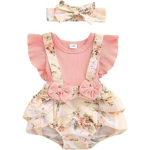 Baby Girl Floral Romper Newborn Dress Ruffle playsuit Suspender Shorts Jumpsuit Cute Summer Clothes and Headband