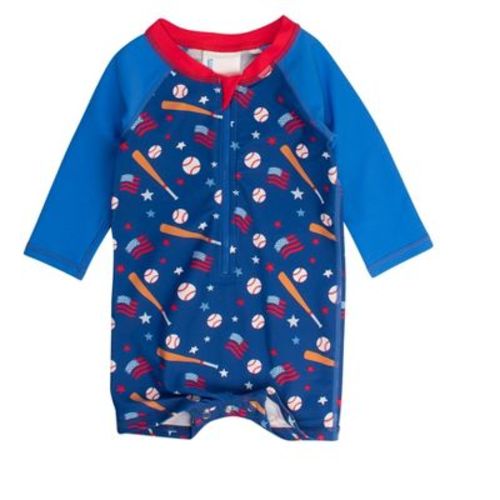 RuggedButts Baby Boys Long Sleeve One Piece Rash Guard - Play Ball, 6-12m