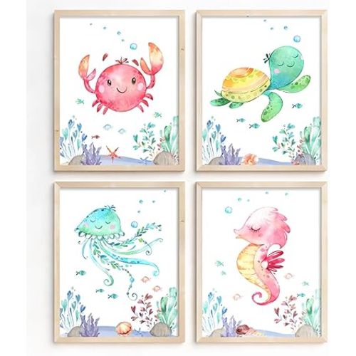Watercolor Sea Marine Life Wall Art Prints,Sea Animals Prints Ocean Creatures Turtle,octopus,Hippocampus,Crab,Posters for Baby Nursery Kids Room Wall Decor Children's Bathroom Decor,Set of 4(8" X 10"
