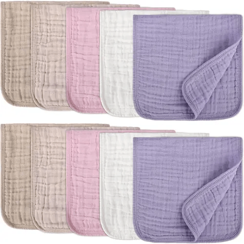 10 Pack Muslin Burp Cloths for Baby Girls 100% Cotton 20x10 Inch Popular Girl Colors Set Purple Pink Beige Brown White Soft Absorbent Newborn Infant Burping Cloths